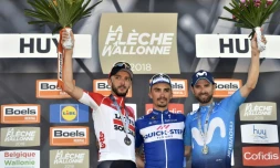 Le Français Julian Alaphilippe (Quick-Step) pose au centre du podium aprÚs sa victoire à la FlÚche wallonne, le 18 avril 2018 à Huy