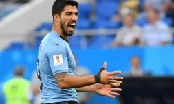 L'attaquant de l'Uruguay Luis Suarez buteur contre l'Arabie Saoudite au Mondial, le 20 juin 2018 à Rostov
