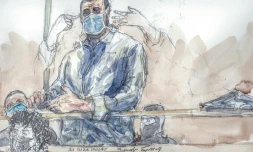 Croquis d'audience montrant Ali Riza Polat au procÚs des attentats de janvier 2015, à la cour d'assises spéciale de Paris, le 26 octobre 2020