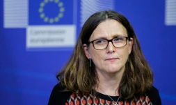 La commissaire européenne au Commerce, Cecilia Malmström, lors d'une conférence de presse à la Commission européenne à Bruxelles, le 21 décembre 2017