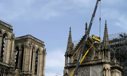 Des ouvriers protĂšgent la Rosette de Notre-Dame de Paris, le 22 avril 2019