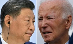 Combo des présidents américain Joe Biden, à l'aéroport d'Avoca en Pennsylvanie le 2 novembre 2024, et chinois Xi Jinping au sommet des Brics à Kazan le 23 octobre 2024