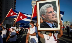 Le portrait du président cubain Miguel Diaz-Canel lors d'une manifestation à La Havane, le 17 juillet 2021