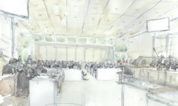 Croquis d'audience du procès Charlie, réalisé le 2 septembre 2020 au palais de justice de Paris