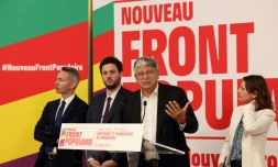 Les représentants du Nouveau Front populaire, de gauche à droite Ian Brossat (PCF), Alexandre Ouizille (PS), Eric Coquerel (LFI) et Eva Sas (EELV), le 21 juin 2024 à Paris