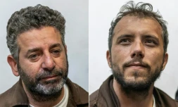 Photomontage réalisé le 9 mai 2026 des portraits du militant espagnol Saif Abu Keshek (G) et du Brésilien Thiago Avila  Keshek à leur arrivée au tribunal de la ville israélienne d'Ashkelon, le 5 mai 2026 