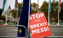 Une affiche anti-Brexit devant le Parlement britannique Ă Londres le 23 octobre 2019