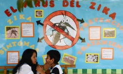 Une mère et son enfant devant un panneau expliquant le virus de Zika, à Tegucigalpa, au Honduras, le 26 février 2016