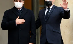 Le président français Emmanuel Macron (d) accueille son homologue égyptien Abdel Fattah al-Sisi sur le perron de l'Elysée le 7 décembre 2020