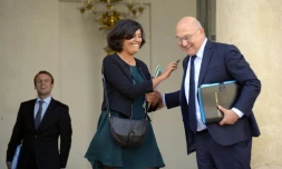 Emmanuel Marcron, Myriam El Khomri et Michel Sapin à l'issue du conseil des ministres le 23 septembre 2015 à l'Elysée à Paris