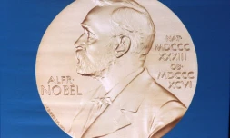 L'une des médailles d'or gravées à l'effigie d'Alfred Nobel, lors d'une conférence de presse avant la remise du prix Nobel de médecine, à Stockholm en Suède le 5 octobre 2015