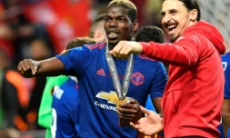 Leur retour à Manchester United est attendu samedi: Paul Pogba et Zlatan Ibrahimovic, le 24 mai 2017 après la victoire finale en Europa League face à l'Ajax à Solna (près de Stockholm)