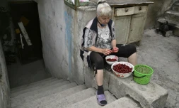 Lioudmila, assise devant l'entrée d'un sous-sol servant d'abri, dénoyaute des cerises, le 30 juin 2022 à Seversk, dans la région de Donetsk, en Ukraine
