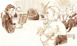 Croquis d'audience fait le 24 octobre 2014 de Mark van Nierop devant un tribunal Ă Amsterdam