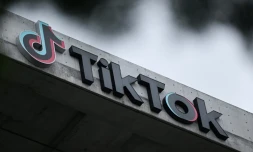 Le logo de l'entreprise TikTok Ă Culver City, en Californie, le 16 mars 2023