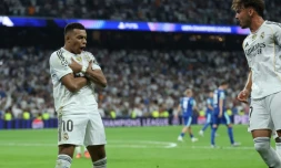 L'attaquant du Real Madrid Kylian Mbappé après son deuxième but contre l'OM en Ligue des champions, le 15 septembre 2025 au stade Bernabeu