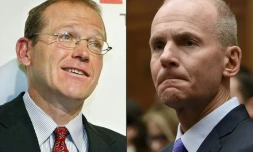 A gauche David Calhoun, futur patron de Boeing, le 16 février 2004 et Dennis Muilenburg, le patron sortant de l'avionneur, le 30 octobre 2019