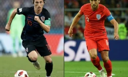 Le milieu croate Luka Modric (g), à Sotchi, le 7 juillet 2018, et l'Anglais Harry Kane à Moscou, le 3 juillet 2018