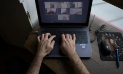 Un homme télétravaille de chez lui à Vertou, lors du premier confinement, le 14 mai 2020