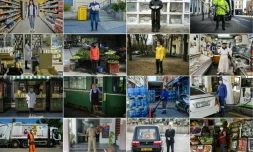 Photomontage réalisé le 26 avril 2020 montrant ceux qui font vivre le monde confiné: épiciers, éboueurs, livreurs, femmes de ménage, facteurs...