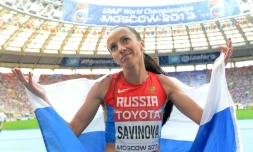 La demi-fondeuse Mariya Savinova, symbole du dopage russe, ici médaillée d'argent lors des Mondiaux de Moscou, le 18 août 2013