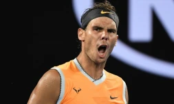 L'Espagnol Rafael Nadal exulte après sa victoire face à l'Australien Alex De Minaur, le 18 janvier 2019 à Melbourne 