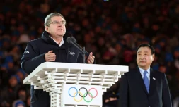 Le président du Comité international olympique (CIO), Thomas Bach, fait un discours lors de la cérémonie de clÎture des JO de Pyeongchang, le 25 février 2018