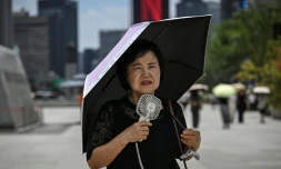 Une femme sous un parapluie avec un ventilateur portatif, le 12 juillet 2026 à Séoul