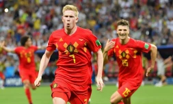 Le milieu de terrain belge Kevin De Bruyne exulte après son but contre le Brésil en quart du mondial, le 6 juillet 2018 à Kazan