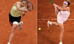La Polonaise Maja Chwalinska (à gauche) et la Russe Mirra Andreeva lors de leurs quarts de finale respectifs à Roland-Garros, les 3 et 2 juin 2026. Les deux joueuses sont l'affiche totalement inattendue de la finale du Majeur parisien samedi sur le court Philippe-Chatrier