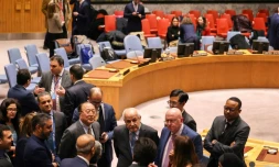 L'ambassadeur palestinien à l'ONU Riyad Mansour (centre), l'ambassadeur chinois à l'ONU Zhang Jun (au centre à gauche) et l'ambassadeur russe à l'ONU Vassili Nebenzia (au centre à droite) lors d'une réunion du Conseil de sécurité de l'ONU, à New York, le 19 décembre 2023