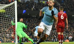 Sergio Aguero a marqué le premier but de la victoire de Manchester City devant le leader Liverpool 2-1, le 3 janvier 2019, à l'Etihad Stadium de Manchester