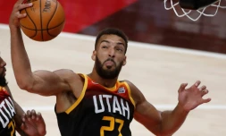 Le Français Rudy Gobert, des Utah Jaz, lors d'un match de NBA contre les Portland Trail Blazers, à Salt Lake City, le 12 mai 2021