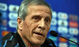 Le coach de l'Uruguay Oscar Washington Tabarez en conférence de presse à Nijni Novgorod, le 5 juillet 2018