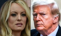 Montage photo créé le 12 avril 2024 montrant la star de films X Stormy Daniels à Hollywood, en Californie et l'ancien président des Etats-Unis Donald Trump à New York, le 25 mars 2024
