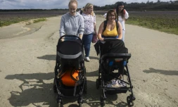 Anne-Marie Seye (à droite), 16 ans, mère d'un bébé de 6 mois, se promène avec Lou-Anne Begue, 17 ans, et son bébé de 11 mois, dans la réserve naturelle de la baie de Somme, le 30 juillet 2025