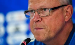 Le Suédois Janne Andersson lors d'une conférence de presse de veille de match à Ekaterinbourg, le 26 juin 2018