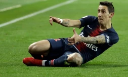 Le milieu du PSG Angel di Maria exulte après avoir inscrit un but contre l'OM en L1, le 17 mars 2019 au Parc des Princes