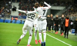 Les Rennais James Lea Siliki, Romain Del Castillo et Raphinha fêtent un but contre Belfort en quart de finale de la Coupe de France, le 11 février 2020 à Montbéliard