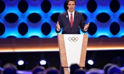 Le coprésident de Paris 2024 Tony Estanguet s'exprimant devant la 131e session du CIO à Lima, le 13 septembre 2017