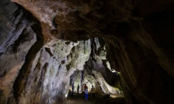 Grotte de Bacho Kiro, en Bulgarie, oĂč ont Ă©tĂ© trouvĂ©s des restes humains vieux de 45.000 ans, dans une photo du 13 mai 2020