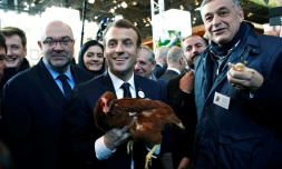 Emmanuel Macron tient une poule offerte par Yves de la Fouchardière (d) président des fermiers de Loué, lors de sa visite au salon de l'Agriculture le 24 février 2018
