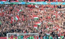 Les joueurs hongrois célèbrent avec leur public leur match nul (1-1) face à la France, lors de la 2e journée du groupe F à l'Euro 2020, le 19 juin 2021 à Budapest