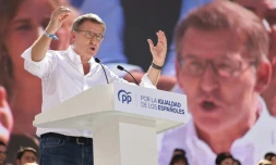 Le chef du Parti populaire Alberto Núñez Feijóo prononce un discours à Madrid, le 24 septembre 2023