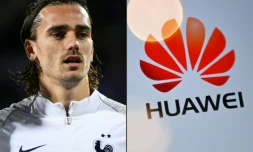 L'attaquant des Bleus, Antoine Griezmann, à Reykjavik, le 10 décembre 2020, et le logo de la compagnie Huaweï, à Londres, le 14 juillet 2020