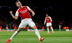 La joie de Leandro Trossard, auteur de l'égalisation pour Arsenal face au Bayern Munich, en quart de finale aller de la Ligue des champions, le 9 avril 2024 à Londres