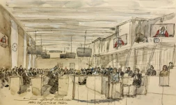 Croquis d'audience de la salle de la cour d'assises spéciale, au premier jour du procès de l'attentat de Nice, le 5 septembre 2022 à Paris