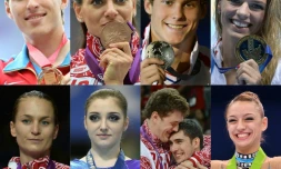 Photomontage de sportifs russes dont Sergey Shubenkov (g) et Yelena Isinbayeva (2eg)