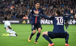 Les deux buteurs du PSG face à Marseille, Zlatan Ibrahimovic et Angel di Maria au Vélodrome, le 7 février 2016