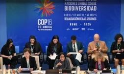 La ministre colombienne de l'Environnement Susana Muhamad (C), présidente de la 16e conférence de la Convention sur la diversité biologique (CDB), s'exprime le 25 février 2025 lors de l'ouverture d'un sommet à Rome